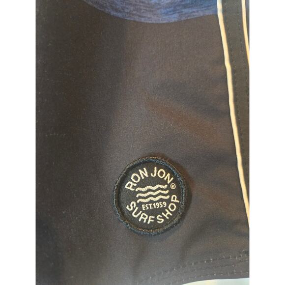 Ron Jon Surf Shop Swim Shorts Trunks Mens 34 Blue Black Striped Back Pocket - Picture 2 of 7